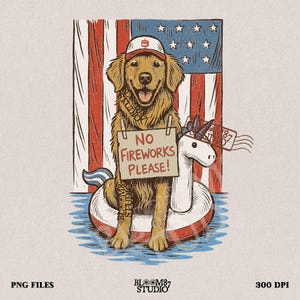 No Fireworks Please Dog PNG, 4th of July Sublimation, Patriotic Golden Retriever Clipart, Dog Anxiety Fireworks PNG, USA Summer Pet Png,