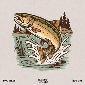 Jumping Trout PNG | Mountain River Adventure Design | Summer Fly Fishing Clipart for Dad | Vintage Graphic | Outdoor Sublimation for TShirts