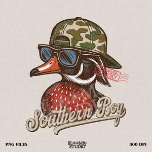 Southern Boy Cool Duck PNG – Funny Camo Hunting Mallard Duck Sublimation Design – Country Waterfowl Clipart for Shirts, Mugs & Outdoor Gifts