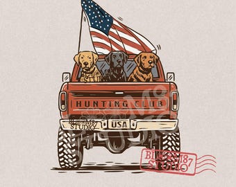 Patriotic Hunting Dog Truck PNG, American Flag Labrador Retriever Clipart, USA Hunting Club Pickup Truck PNG, 4th of July Dog Sublimation