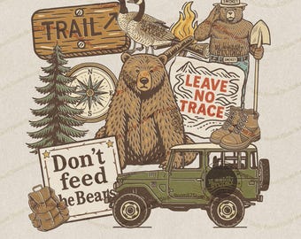 Camping Trail collage PNG, National Park Collage, Camping Sublimation, Smokey the Bear Png, Outdoor Adventure PNG, Don’t Feed the Bears Png