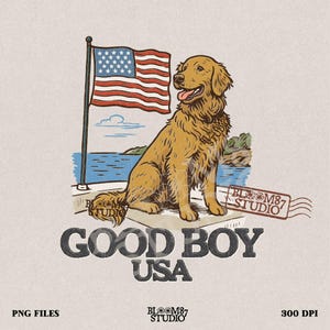 Good Boy USA PNG, Patriotic Golden Retriever Clipart, American Flag Dog Art, 4th of July Sublimation, Summer USA Dogs Design for Dog Lovers
