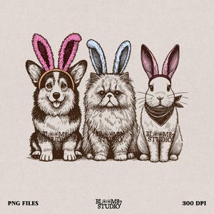 Corgi Cat Bunny with Bunny Ears PNG – Cute Funny Easter Animal Trio, Pet Lover Digital Download, Cute Easter Sublimation Design for Shirts
