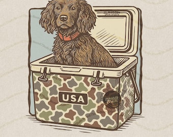 Jagdhundekühler PNG, USA Camo Eiskiste PNG, Landhund Sommer Png, Lustige Natur Hund Grafik, Südlicher Welpe, Camping & Angeln Designs