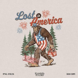 Bigfoot 4 juli PNG, Lost in America Sasquatch PNG, patriottisch bier png, grappige cryptische sublimatie, Redneck USA Party, 4 juli ontwerp