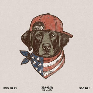 Patriotic Dog PNG, American Flag Bandana Labrador PNG, 4th of July Cool Dog Clipart, Retro USA Pup Sublimation,Snapback Hat,Independence Day