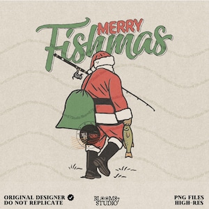 Merry Fishmas Santa Fishing PNG, Funny Christmas Fisherman Sublimation, Vintage Holiday Clipart, Rustic Fishing Santa Claus Illustration