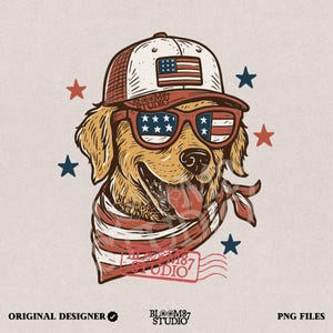 Patriotic Dog PNG, American Flag Sunglasses Dog PNG, 4th of July Golden Retriever Clipart, USA Trucker Hat Pup Sublimation, Independence Day