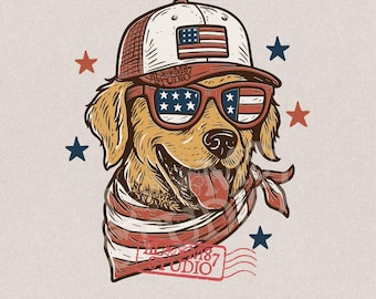 Patriotic Dog PNG, American Flag Sunglasses Dog PNG, 4th of July Golden Retriever Clipart, USA Trucker Hat Pup Sublimation, Independence Day