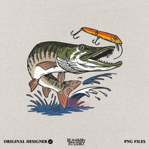 Sublimazione PNG di Muskie da pesca aggressiva - Clipart di pesce predatore saltante per magliette da pescatore, esche, grafica per pescatori all'aperto sulla vita sul lago