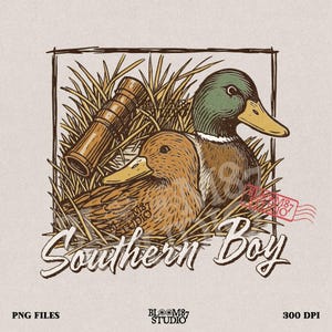 Southern Boy Duck Hunting PNG – Vintage Mallard Duck Clipart with Duck Call for Sublimation – Rustic Outdoor Southern Pride Shirt Design