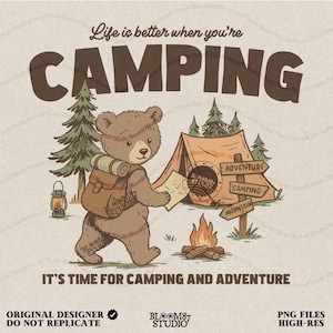 Camping Bear PNG, Cute Outdoor Hiking Animal Clipart, Summer Camping Sublimation Design, Tent Campfire Forest Adventure PNG for Kids Shirts