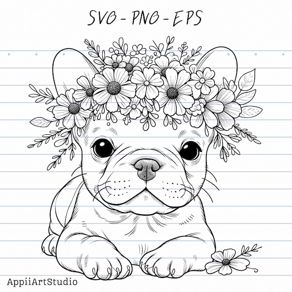 French Bulldog Flower Crown SVG, Cute Dog PNG, Pet Floral Headband EPS, Animal Clipart, Puppy Coloring Page, Digital Download