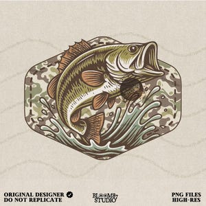 Camo Bass Fishing PNG – Summer Fish Clipart for Dad, Patriotic Camo Angler Sublimation, Outdoor Fisherman Rustic Shirt Design, Gift for Him