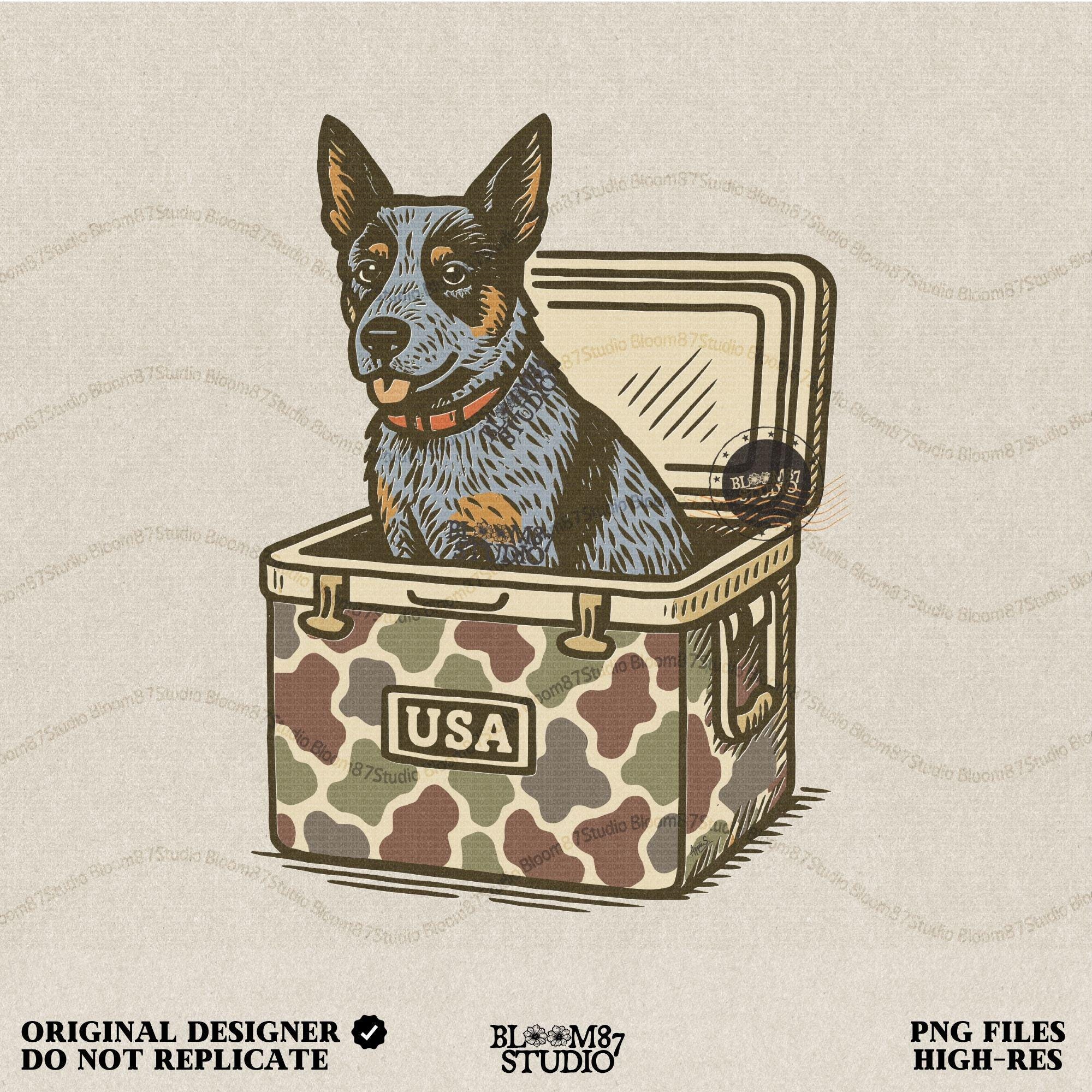 Blue Heeler Hunting Dog Cooler PNG, USA Camo Ice Chest PNG, Country Dog Summer Png,Funny Outdoors Dog Graphic,Southern Pup,Camping & Fishing
