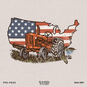 Tractor de EE. UU. PNG con mapa de la bandera estadounidense PNG - Gráfico patriótico de la vida agrícola para el Día de los Caídos y la Independencia, sublimaciones occidentales, png occidental