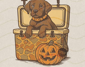 Brown Lab Halloween PNG, Dog in Camo Cooler Sublimation with Pumpkin Face, Fall Hunting Dog Clipart, Southern Spooky Halloween Design