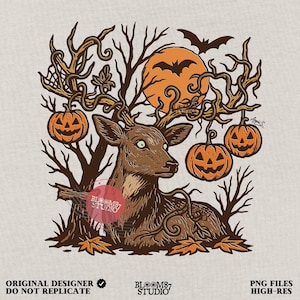 Halloween Deer PNG | Spooky Forest Buck Sublimation with Pumpkins & Bats | Rustic Hunting Halloween Clipart | Fall Antler Skull PNG Download