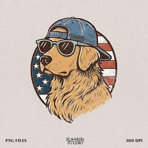 Patriotic Dog PNG, American Flag Sunglasses Dog PNG, 4th of July Golden Retriever Clipart, USA Trucker Hat Pup Sublimation, Independence Day