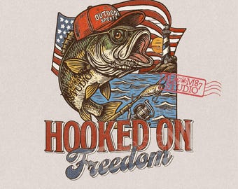 Hooked On Freedom PNG | Patriotic Bass Fishing Sublimation | 4th of July Sublimation PNG | American Flag Fish PNG, 4th July Fishing For Boys