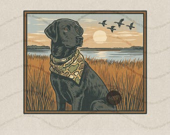 Lokaler Junge Entenjagdhund PNG, Black Lab Marsh Sonnenuntergang Sublimation, Camo Bandana Jagdhund PNG, Südlicher Outdoor Hund PNG, Wasservogel Hund Png