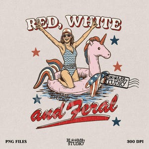 Rood wit en verwilderd png, meisje van 4 juli clipart, patriottische eenhoorn floatie, zomerbad babe png, VS vintage grafische zomer VS ontwerp