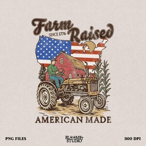 Farm angehoben PNG, amerikanischer Traktor PNG, Vaterländischer Bauer Sublimationsdesign, Vintage Land USA Flagge Png, Scheunenbauernhof-Shirt Design Png