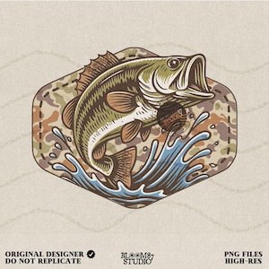 Jumping Bass Fishing PNG for Sublimation, Largemouth Bass Clipart with Fall Camo Background, Fishing Shirt Design, Outdoorsman Gift for Him
