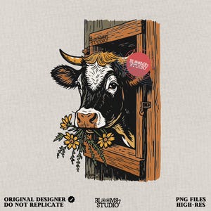 Farm Cow PNG Sublimation – Rustic Barn Window Cow Clipart with Flowers, Country Farm Animal Shirt Design, Cute Western Cow PNG Art For Shirt