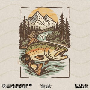 Mountain Trout Fishing PNG – Rustic Summer Outdoors Clipart, Fly Fishing River Scene Design for Dad, Fisherman Sublimation, Summer Design