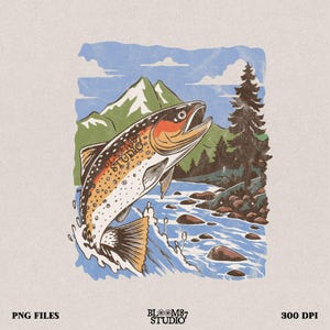 Trout Fishing PNG | Mountain River Adventure Design | Rustic Fisherman Artwork | Vintage Graphic | Outdoor Sublimation for TShirts & Prints