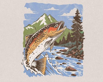 Trout Fishing PNG | Mountain River Adventure Design | Rustic Fisherman Artwork | Vintage Graphic | Outdoor Sublimation for TShirts & Prints