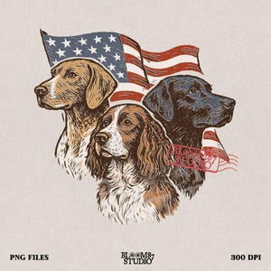 Patriotic Hunting Dogs PNG 4th of July Sublimation, Vintage American Flag Hunting Dogs Clipart, USA Labrador Pointer Springer Spaniel PNG
