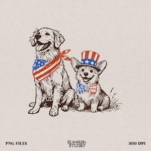 Labrador & Corgis Patriotischer Hund PNG - 4. Juli Sublimationsdesign | USA Flagge Bandana und Uncle Sam Hut | Digitaler Hund Png, Invincsion Day
