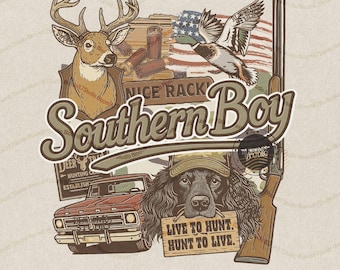 Southern Boy Collage PNG, Western Hunting Sublimation, Duck Deer Dog Truck Design, Local Boy Vintage Graphic, Camo Country Design for Shirts
