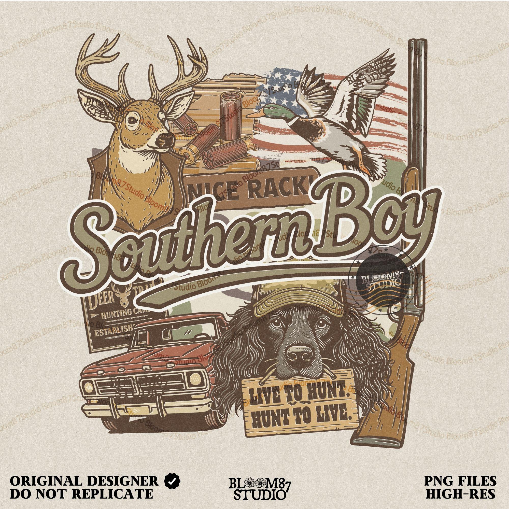 Southern Boy Collage PNG, Western Hunting Sublimation, Duck Deer Dog Truck Design, Local Boy Vintage Graphic, Camo Country Design for Shirts