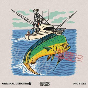 Offshore Fishing PNG, Mahi Mahi Jumping Fish Sublimation, Sport Fishing Boat Clipart, Saltwater Deep Sea Fishing, Ocean Boat Digital Design