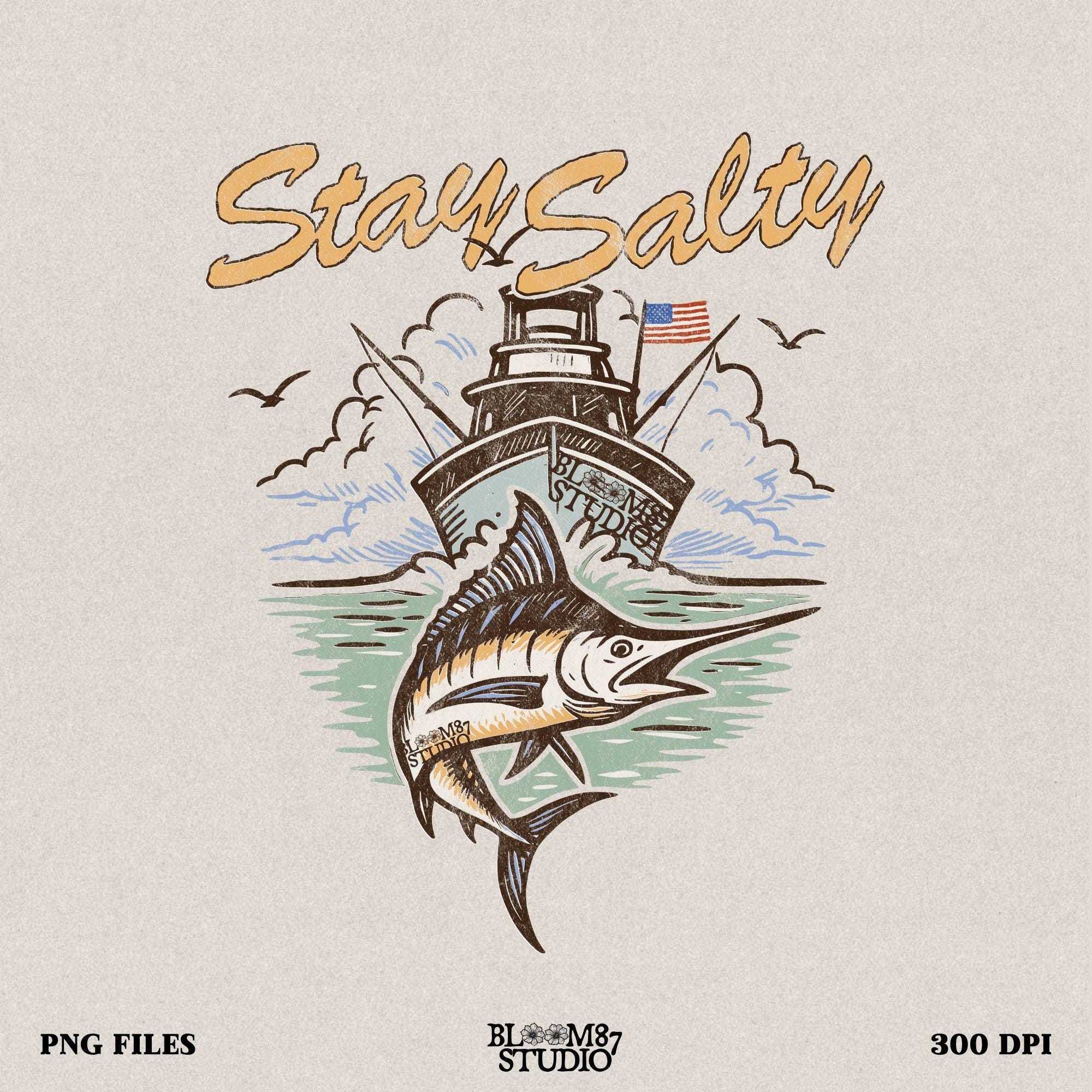 Stay Salty PNG, Marlin Fishing PNG, Offshore Boat Sublimation, Saltwater Fishing Shirt PNG, Nautical Fish Clipart, Ocean Angler Digital File