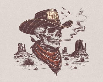 Trust No One Png , Western Cowboy Skull Design PNG, Western PNG, Vintage Style PNG, Western Design, Desert Western Png, hand drawn png
