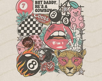 Western Howdy Collage PNG, But Daddy He’s a Cowboy Graphic, Y2K Coquette Leopard Lips Dice Aesthetic,Edgy Country Girl,Trendy Cowgirl Design