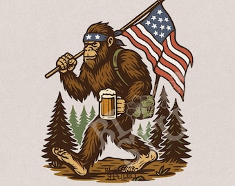 Bigfoot USA Flag PNG – Funny Beer Sasquatch Clipart for 4th of July, Summer Camping, Patriotic Shirt Sublimation, Outdoors PNG Design