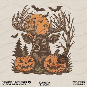 Halloween Deer PNG | Spooky Forest Buck Sublimation with Pumpkins & Bats | Rustic Hunting Halloween Clipart | Fall Antler Skull PNG Download