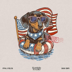 愛国的なダックスフントのPNG画像（独立記念日の犬の昇華デザイン）、アメリカ国旗の犬のクリップアート、夏のUSAフロートダックスフントのPNG画像、かわいいペットUSAのグラフィック