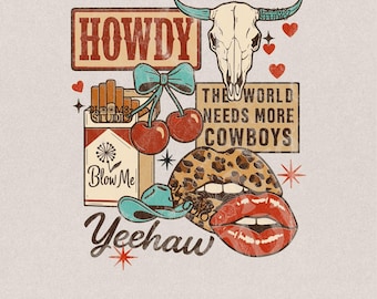 Howdy Western Collage PNG, Trendy Cowgirl Sticker Design, Grunge Wild West PNG, Leopard Lips, Skull Cherry Cowboy PNG, Sublimation Png File