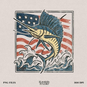 Patriotic Marlin PNG, American Flag Fish Sublimation, Sailfish PNG for Fishing Shirt, Deep Sea Fishing Graphic, Saltwater Angler Clipart