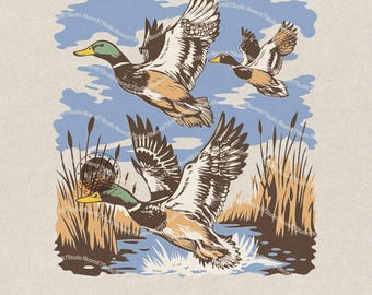Fliegende Stockenten Enten PNG, Wasservögel Jagd Digital Download, Entenjagd Png, Wildtier Sublimationsdesign, Jagdhaus, Vintage Grafik