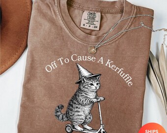 Comfort Colors® Off To Cause A Kerfuffle t Shirt, Funny cat Scooter T-Shirt Sarcastic Mental Health Tee  Humor top Gift for Animal cat Lover
