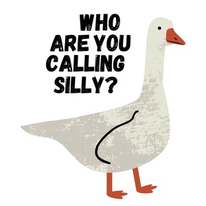 Może przedstawiać: Biała gęś z czerwonym dziobem i nogami, z tekstem "WHO ARE YOU CALLING SILLY?" w czarnych literach.