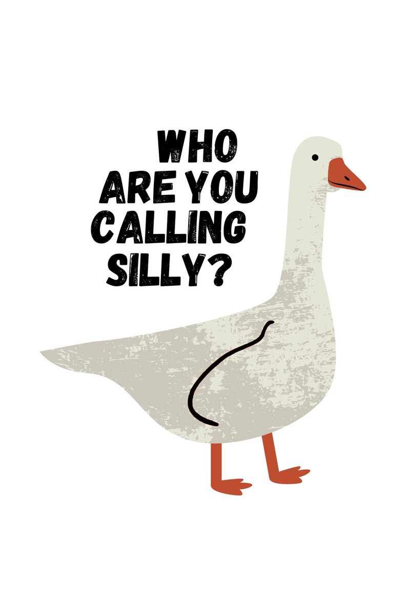 Może przedstawiać: Biała gęś z czerwonym dziobem i nogami, z tekstem "WHO ARE YOU CALLING SILLY?" w czarnych literach.