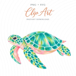 Puede incluir: Una ilustración digital de una tortuga marina con un caparazón vibrante en tonos verde azulado, verde y suaves acentos rosados. El texto sobre la tortuga dice PNG + SVG Clip Art INSTANT DOWNLOAD en una combinación de fuente script y sans-serif.